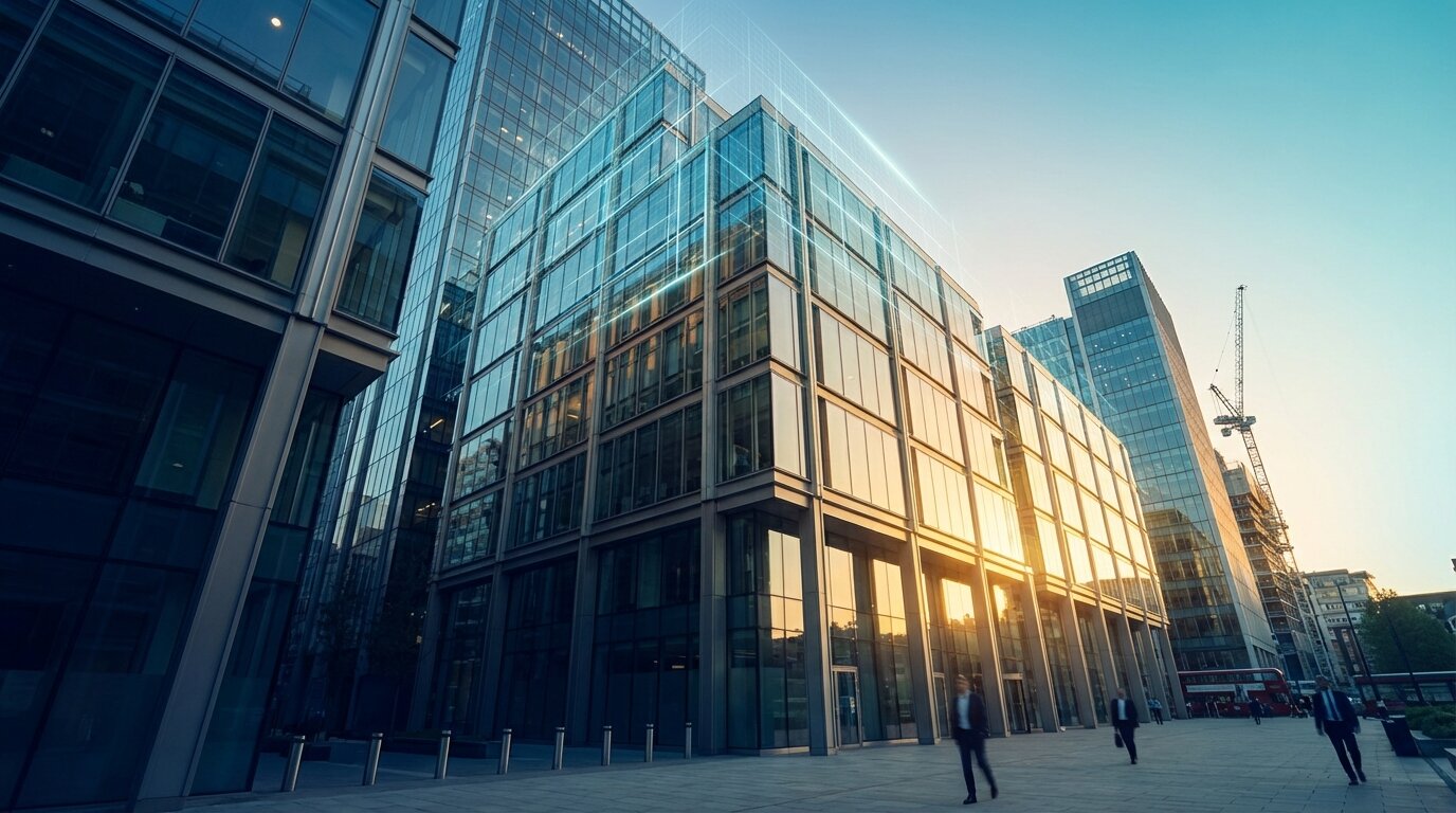 Modern London architecture at golden hour